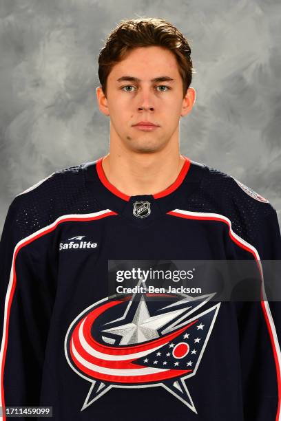 Yegor Chinakhov of the Columbus Blue Jackets poses for his official headshot for the 2023-2024 season on September 20, 2023 at Nationwide Arena in...