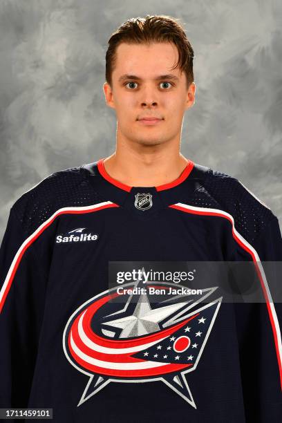 Mikael Pyyhtia of the Columbus Blue Jackets poses for his official headshot for the 2023-2024 season on September 20, 2023 at Nationwide Arena in...