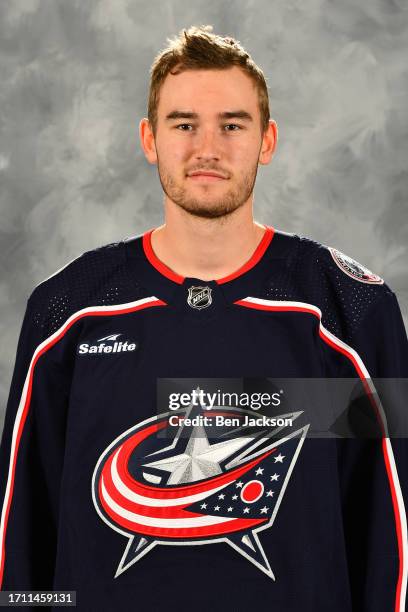 David Jiricek of the Columbus Blue Jackets poses for his official headshot for the 2023-2024 season on September 20, 2023 at Nationwide Arena in...
