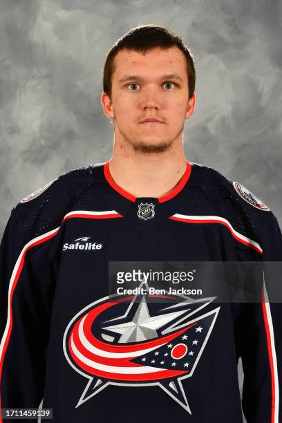 Dmitri Voronkov of the Columbus Blue Jackets poses for his official headshot for the 2023-2024 season on September 20, 2023 at Nationwide Arena in...