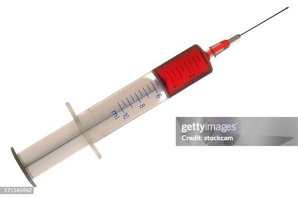 medical syringe with red liquid, isolated on white - syringe full of blood stockfoto's en -beelden