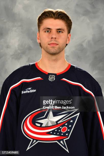Adam Fantilli of the Columbus Blue Jackets poses for his official headshot for the 2023-2024 season on September 20, 2023 at Nationwide Arena in...