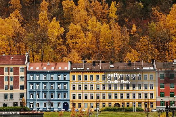 colorido edificios en el este de oslo en otoño. - oslo fotografías e imágenes de stock