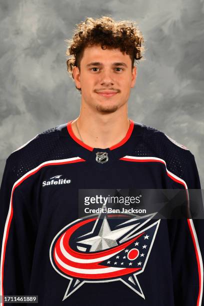 James Malatesta of the Columbus Blue Jackets poses for his official headshot for the 2023-2024 season on September 20, 2023 at Nationwide Arena in...