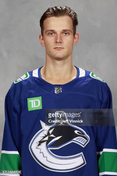 Teddy Blueger of the Vancouver Canucks poses for his official headshot for the 2023-2024 season on September 20, 2023 in Vancouver, British Columbia,...