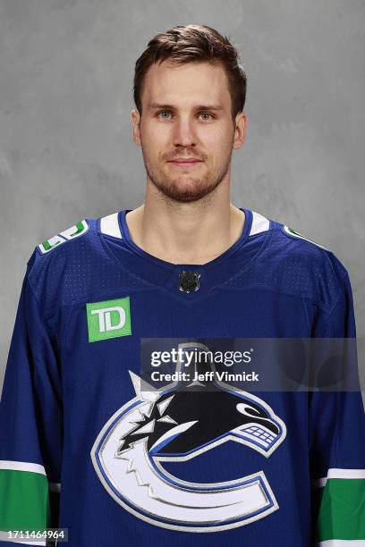 Pius Super of the Vancouver Canucks poses for his official headshot for the 2023-2024 season on September 20, 2023 in Vancouver, British Columbia,...