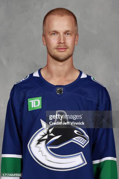 Elias Pettersson of the Vancouver Canucks poses for his official headshot for the 2023-2024 season on September 20, 2023 in Vancouver, British...