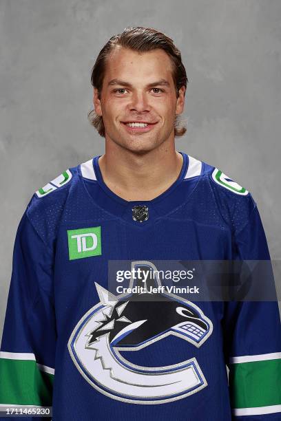 Noah Juulsen of the Vancouver Canucks poses for his official headshot for the 2023-2024 season on September 20, 2023 in Vancouver, British Columbia,...