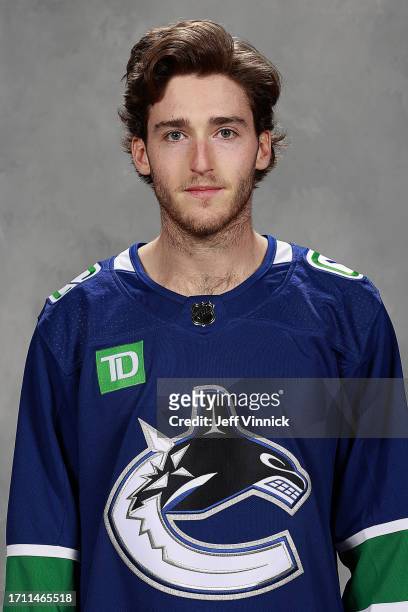 Marc Gatcomb of the Vancouver Canucks poses for his official headshot for the 2023-2024 season on September 20, 2023 in Vancouver, British Columbia,...