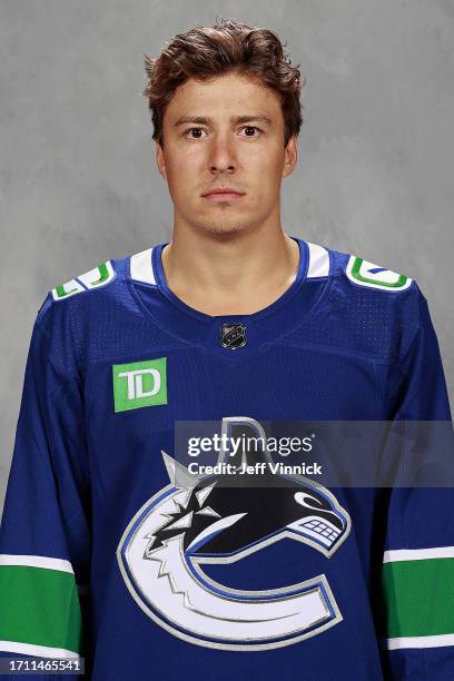 Andrei Kuzmenko of the Vancouver Canucks poses for his official headshot for the 2023-2024 season on September 20, 2023 in Vancouver, British...