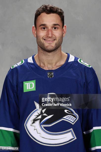 Max Sasson of the Vancouver Canucks poses for his official headshot for the 2023-2024 season on September 20, 2023 in Vancouver, British Columbia,...
