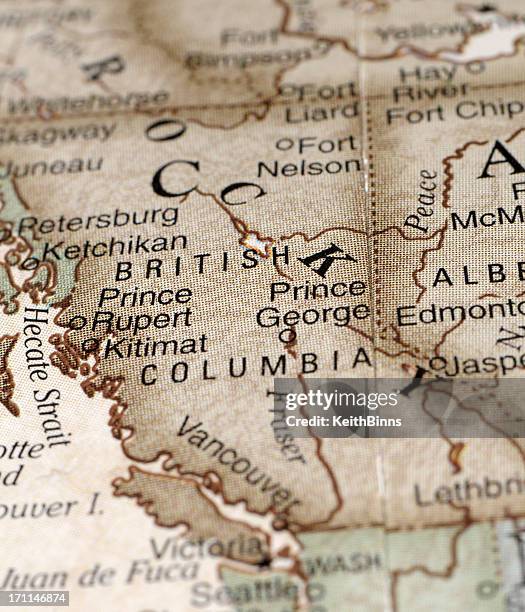 vintage map of british columbia, canada - british columbia map stock pictures, royalty-free photos & images