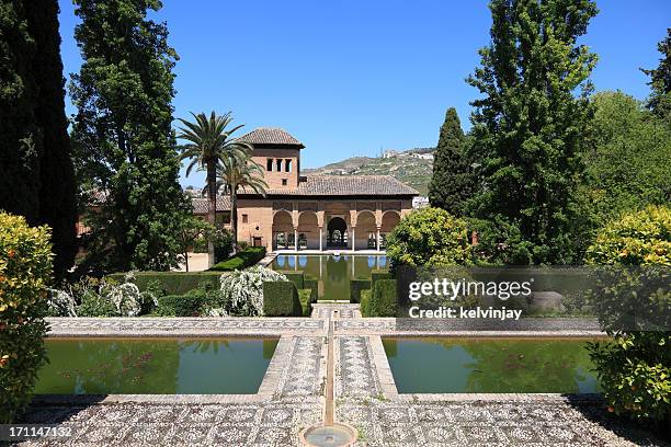 el partal in the alhambra gardens, granada - alhambra and granada stockfoto's en -beelden