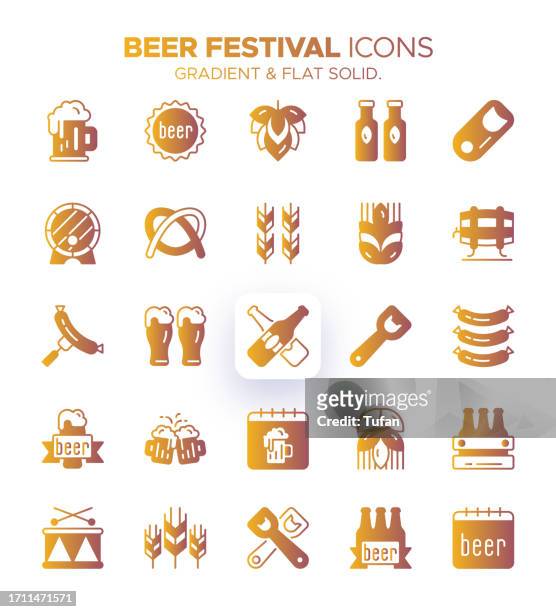 beer festival icon set with gradient colors - 25 fun and festive icons for beer lovers - bartender stock illustrations