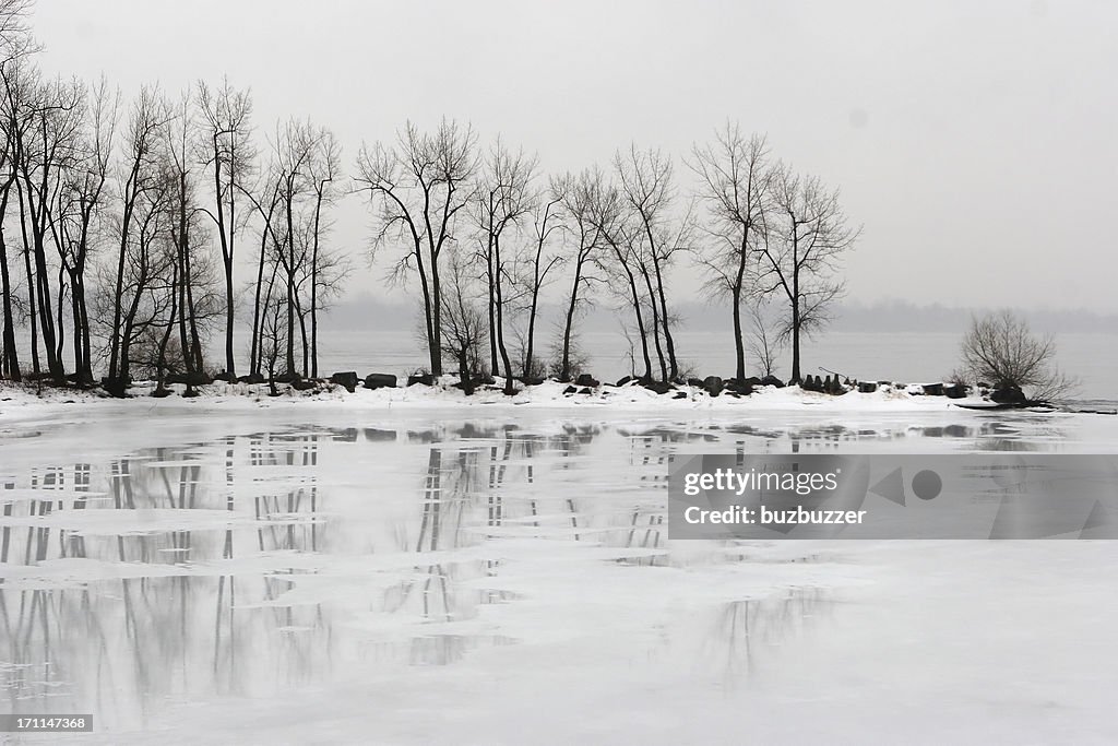 Small Peninsula on a Frozen Lake in Winter