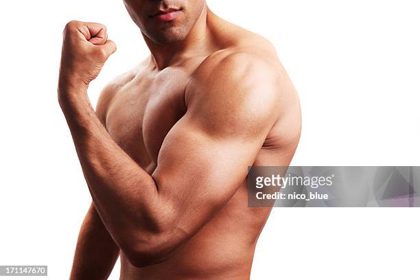 body builder flexing biceps - bodybuilder flexing biceps stock pictures, royalty-free photos & images