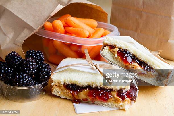 pb&j sandwich with some blueberries and carrots - peanut butter and jelly sandwich stock pictures, royalty-free photos & images