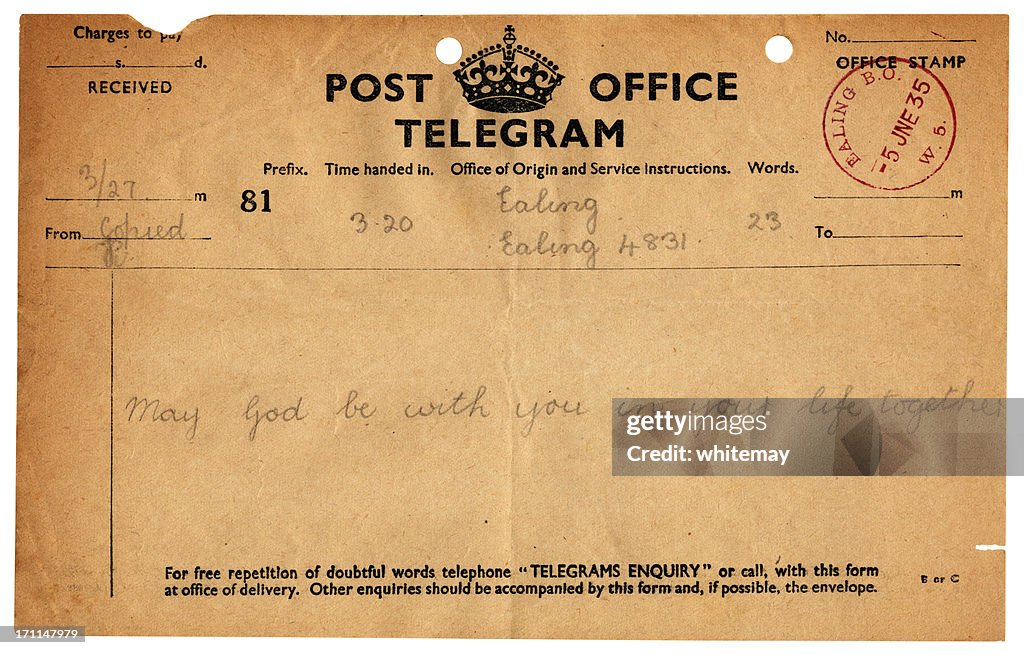 British wedding congratulations telegram, 1935