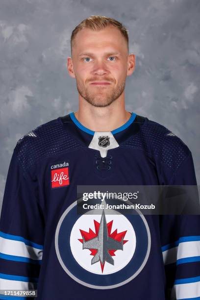 Nikolaj Ehlers of the Winnipeg Jets poses for his official headshot for the 2023-2024 season on September 20, 2023 at Hockey For All Centre in...