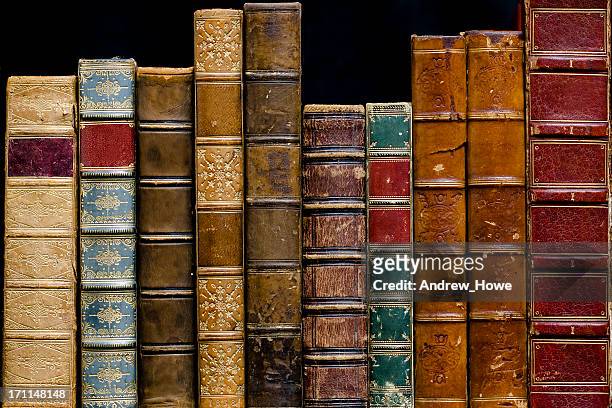 fila de libros antiguos - cultura inglesa fotografías e imágenes de stock