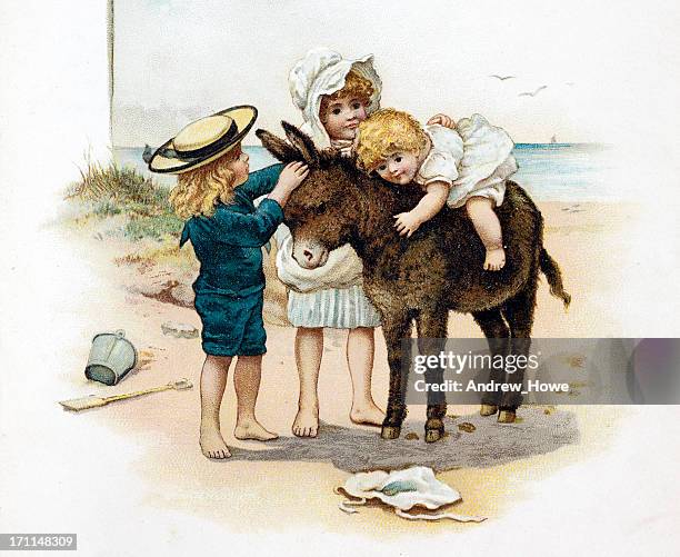 children on a beach donkey illustration - sand pail and shovel stock illustrations