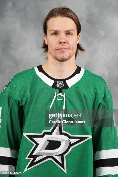 Miro Heiskanen of the Dallas Stars poses for his official headshot for the 2023-2024 season on September 21, 2023 at the Comerica Center in Frisco,...