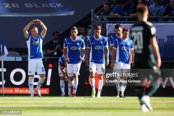 Tim Skarke of SV Darmstadt 98 celebrates after scoring the team's second goal during the Bundesliga match between SV Darmstadt 98 and SV Werder...