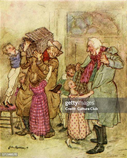 Charles Dickens 's 'A Christmas Carol'. 'Laden with Christmas toys and presents.' Illustration by Arthur Rackham, 1867-1939. CD, English novelist: 7...