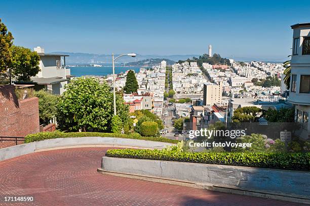 lombard street telegraph hill coit tower san francisco landmarks california - curb stock pictures, royalty-free photos & images
