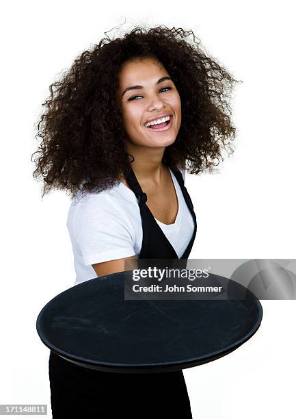 cheerful waitress isolated on white background - apron isolated stockfoto's en -beelden