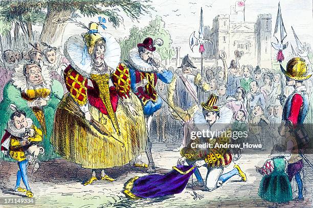 queen elizabeth and sir walter raleigh - elizabeth i of england stock illustrations