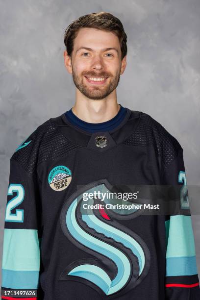 Oliver Bjorkstrand of the Seattle Kraken poses for his official headshot for the 2023-2024 season on September 20, 2023 at the Kraken Community...