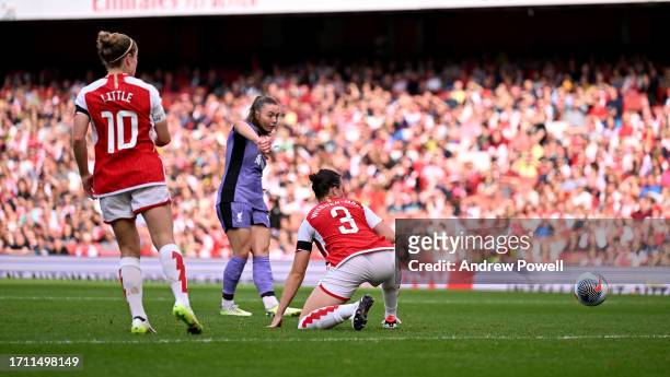 Miri Taylor of Liverpool Women scoring the opening goal during the Barclays Women's Super League match between Arsenal FC and Liverpool FC at...