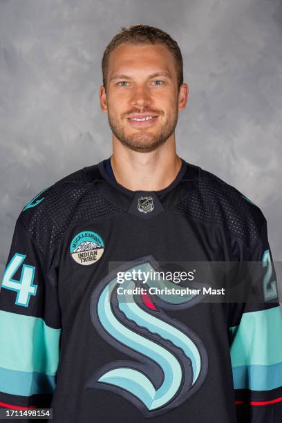 Jamie Oleksiak of the Seattle Kraken poses for his official headshot for the 2023-2024 season on September 20, 2023 at the Kraken Community Iceplex...