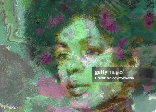 picturesque portrait of a black woman with thick black hair, in expressionist style - traditional ethiopian models women stock illustrations