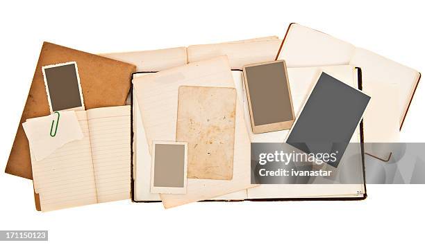 scrapbook background with vintage photos - blank photo album stock pictures, royalty-free photos & images