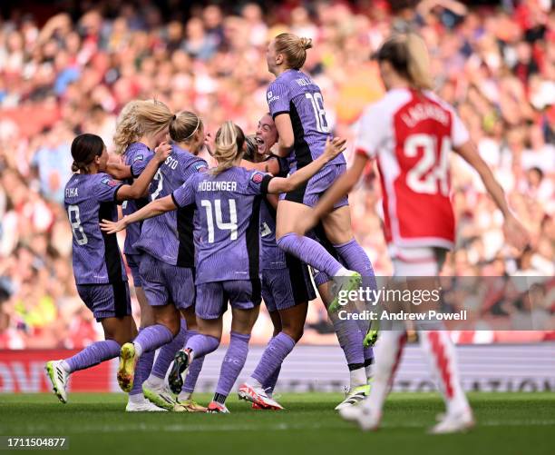 Miri Taylor of Liverpool Women celebrating scoring the opening goal during the Barclays Women's Super League match between Arsenal FC and Liverpool...