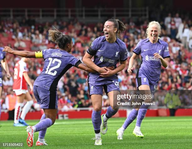 Miri Taylor of Liverpool Women celebrates scoring the first goal during the Barclays Women's Super League match between Arsenal FC and Liverpool FC...