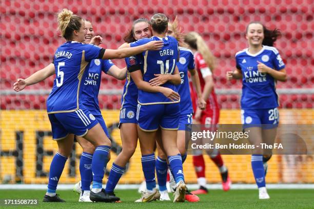 Shannon O’Brien of Leicester City celebrates with teammates after scoring the team's second goal during the Barclays Women's Super League match...