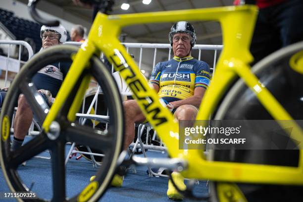 Geoffrey Cooke , of Great Britain, and Mark Rodamaker , of the USA, prepares to compete in the finals for the Men's Sprint in the age 75+ category at...