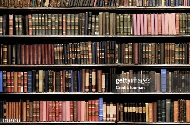 old books in a library - bookcase stockfoto's en -beelden