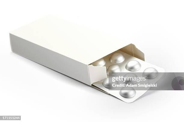 blisters with pills in a box isolated on white - blister package stock pictures, royalty-free photos & images