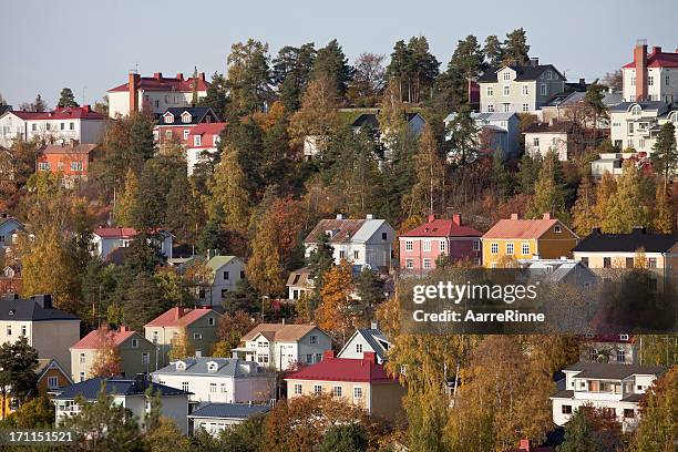 pispala - colorful wooden houses in steep slope - tampere stock pictures, royalty-free photos & images