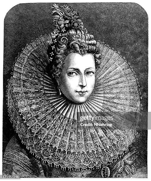 isabella clara eugenia wearing lace collar engraving - ruffle collar stock illustrations