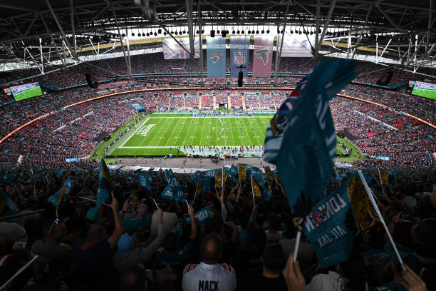 General view inside the stadium as Jacksonville Jaguars fans show their support with flags prior to the NFL match between Atlanta Falcons and...