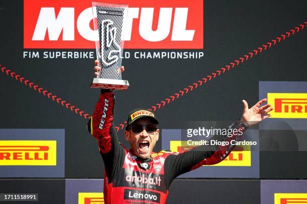 Alvaro Bautista of Spain and Aruba.It Racing - Ducati celebrates in the podium after first place finish in Race 2 during the FIM Superbike World...