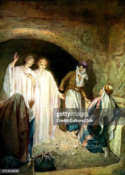 Jesus' tomb is found empty, and two angels explain that Jesus is risen. 'And as they were afraid, and bowed down their faces to the earth, they said...