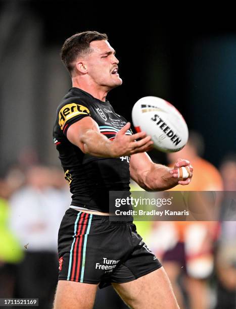 Nathan Cleary of the Panthers celebrates after scoring the match winning try during the 2023 NRL Grand Final match between Penrith Panthers and...