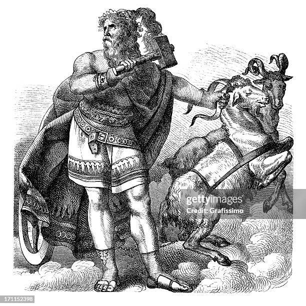 engraving god of thunder thor with his goats from 1870 - mount thor stock illustrations