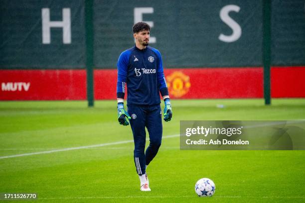 Altay Bayindir of Manchester United in action during a first team training session at Carrington Training Ground on October 01, 2023 in Manchester,...